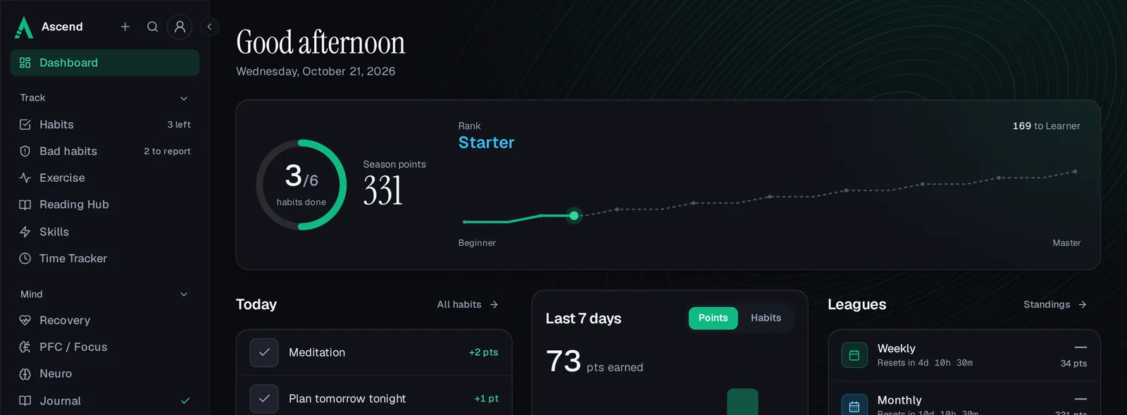 The Ascend dashboard on a computer: 3 of 6 habits done today, 331 season points, the Starter rank and the climb from Beginner to Master