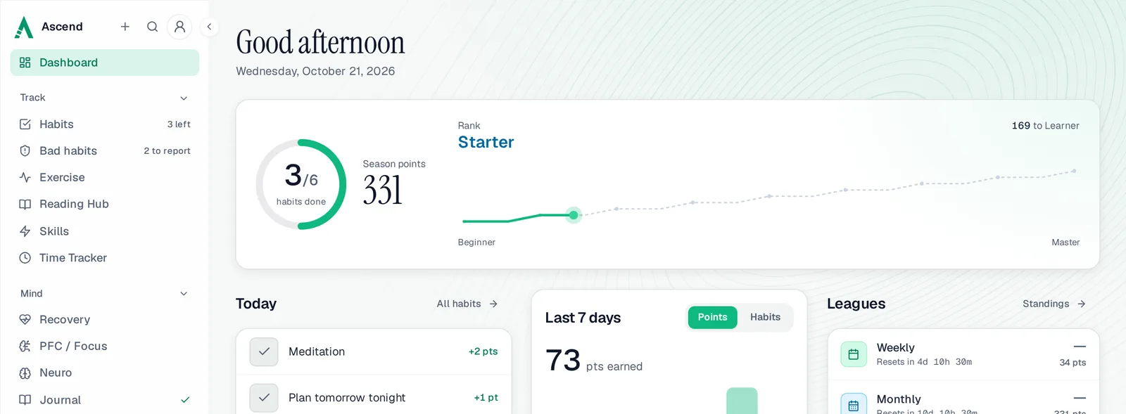 The Ascend dashboard on a computer: 3 of 6 habits done today, 331 season points, the Starter rank and the climb from Beginner to Master