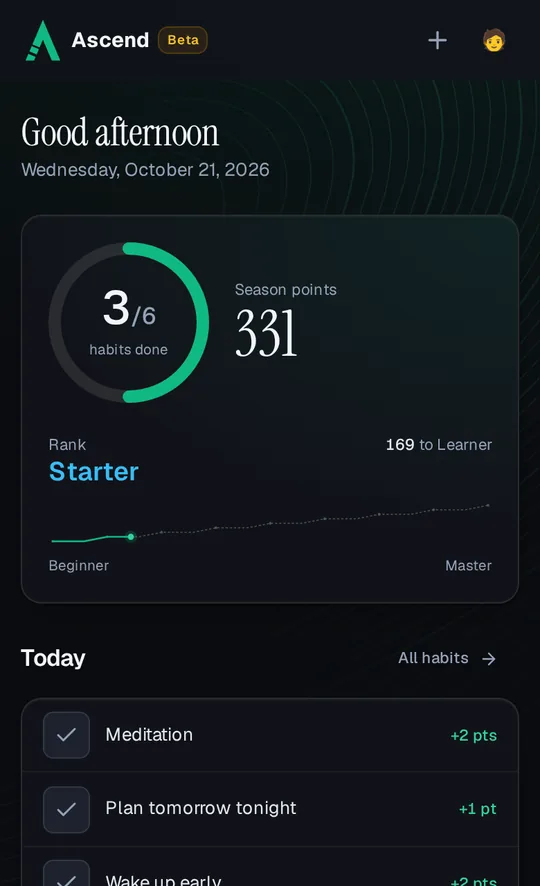 The Ascend dashboard on a phone: 3 of 6 habits done today, 331 season points and the Starter rank