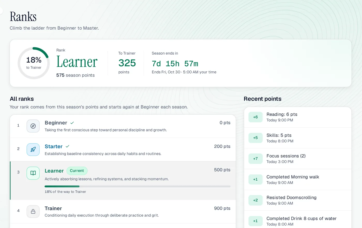 The Ranks page in Ascend: Starter rank at 43% of the way to Learner, the season countdown, all nine ranks with the points they need, and recent points